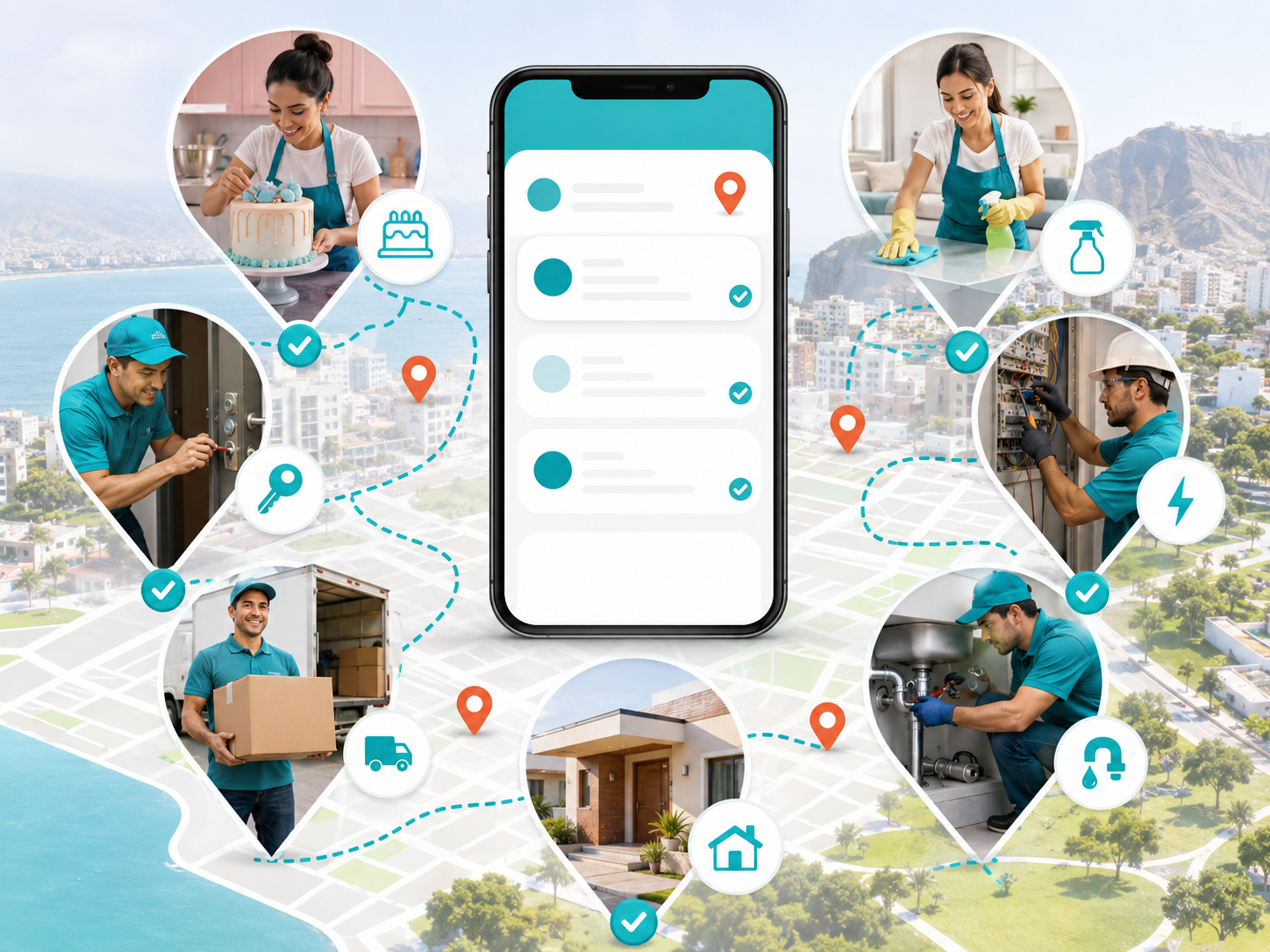 Mapa de Lima con pins de proveedores Findy: pastelería, cerrajero, gasfitero, electricista, mudanzas, limpieza y casa, conectados por líneas punteadas a un teléfono mostrando resultados.